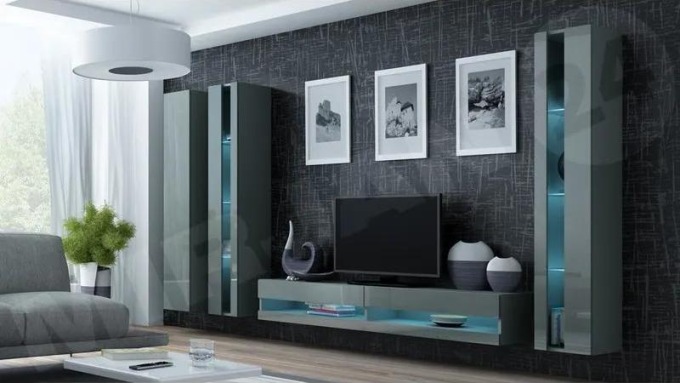 Obývací stěna Zigo New VI, Osvětlení: osvětlení LED - modré, Barva: šedá / šedá lesk