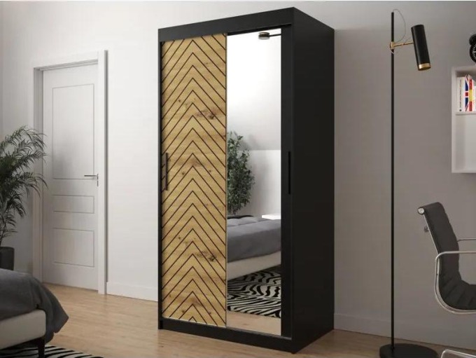 Posuvná skříň se zrcadlem Ratintu 2 100 cm, Úložný prostor: ne, Barva: černá / dub artisan + černá