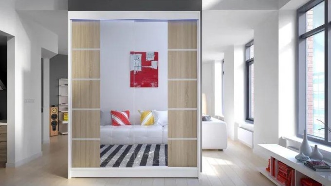 Posuvná skříň Belgia V, Barva: bílá + sonoma + zrcadlo, Osvětlení: osvětlení LED RGB - barevné