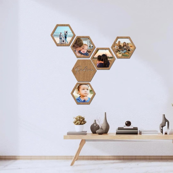 dřevo života Fotorámaček HEXAGON Barevný vzor: Horský dub, Velikost foto: 15x21, Text: Vlastní text