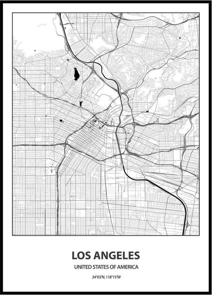 Plakát Mapa města (více variant měst) Rozměr plakátu: A4 (21 x 29,7 cm), Město: Los Angeles