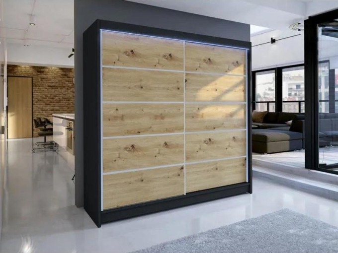 Posuvná skříň Bar IV, Barva: černá/dub artisan, Osvětlení: osvětlení LED RGB - barevné
