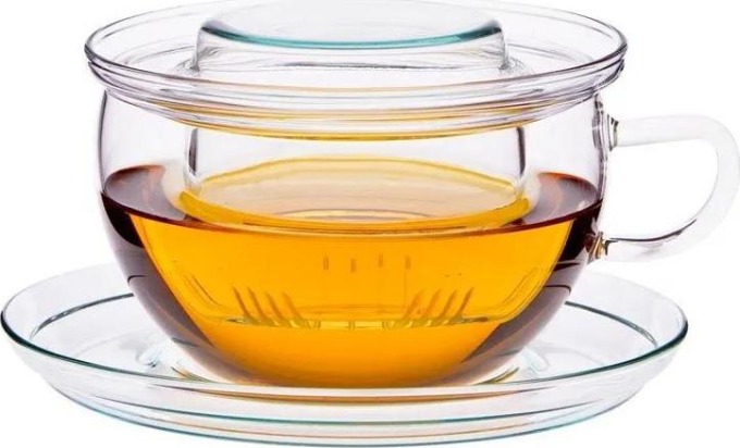Skleněný šálek Tea Time se skleněným sítkem a podšálkem, 300ml, bez těžkých kovů a toxických látek