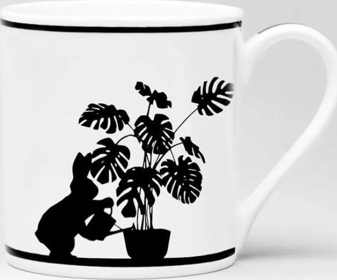 HAM Porcelánový hrnek Watering Rabbit 300 ml, černá barva, bílá barva, porcelán