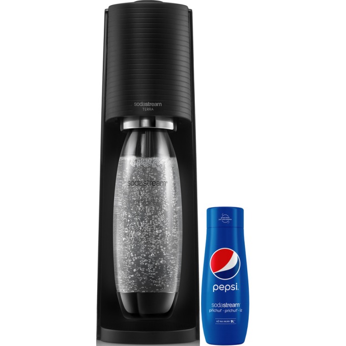 SodaStream Terra Black výrobník perlivé vody se sirupem PEPSI 440 ml zdarma