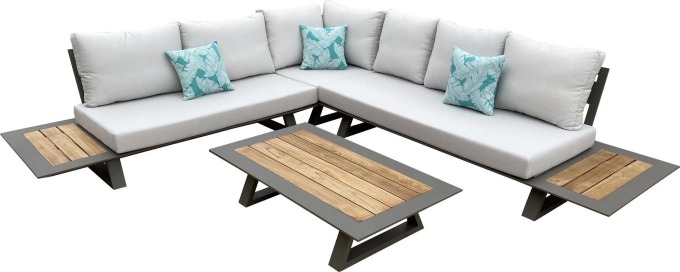 Luxusní zahradní sedací sestava LINDSEY s teakovým dřevem, pohodlnými polštáři a praktickými odkládacími prostory