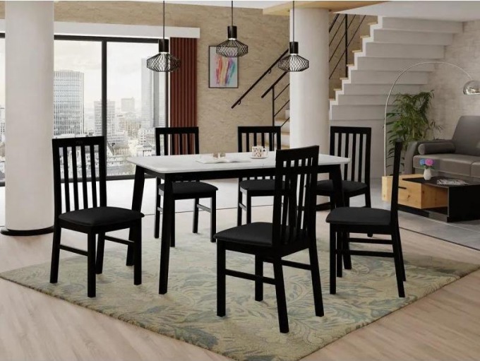 Rozkládací jídelní stůl se 6 židlemi AL16, Barva dřeva: bílá, Potah: Kronos 7, Barvy nožiček: černá