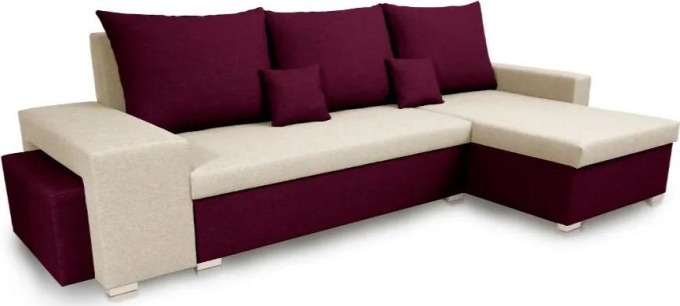 Rozkládací rohová sedací souprava s funkcí spaní a úložným prostorem na ložní soupravu, doplněná o 2 taburety v béžové/fialové barvě