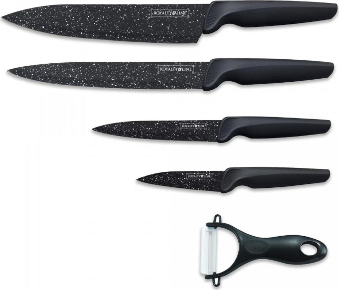 4dílná sada nožů potažených mramorem a s keramickou škrabkou, černá - Sada nožů potažených mramorem a s keramickou škrabkou, která dodá vaší kuchyni špičkový výkon, trvanlivost a elegantní design