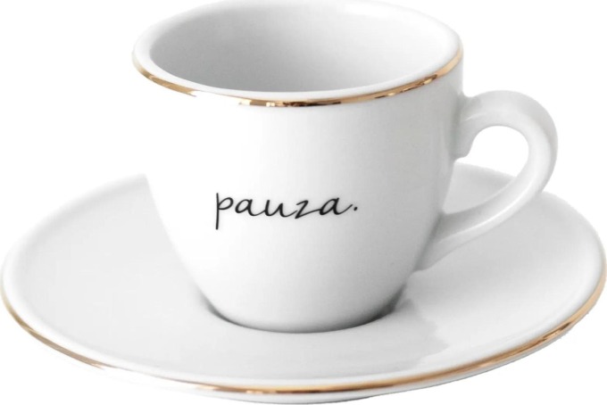 Bella Rose Šálek na espresso s podšálkem Pauza 90 ml, bílá barva, zlatá barva, porcelán