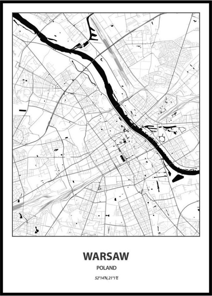 Plakát Mapa města (více variant měst) Rozměr plakátu: A4 (21 x 29,7 cm), Město: Warsaw