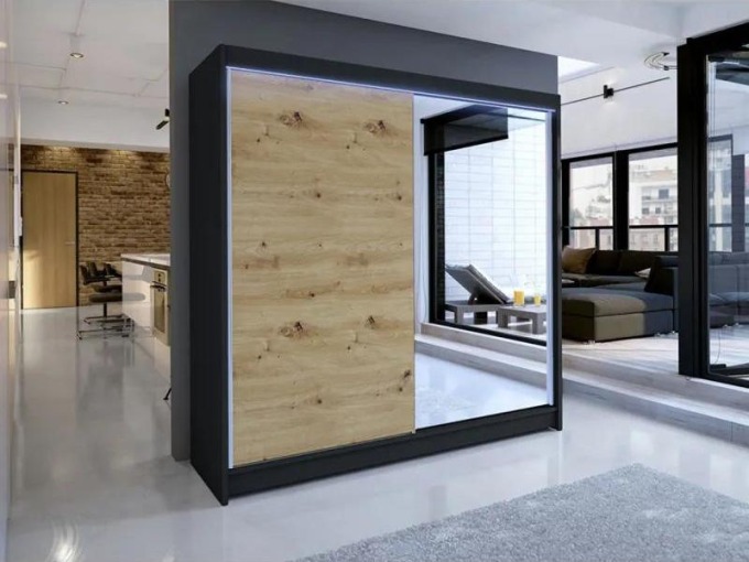 Šatní skříň Bar I, Barva: černá/dub artisan, Osvětlení: osvětlení LED RGB - barevné