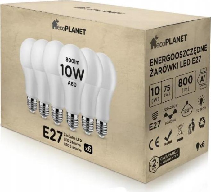 6x LED žárovka - ecoPLANET - E27 - 10W - 800Lm - studená bílá