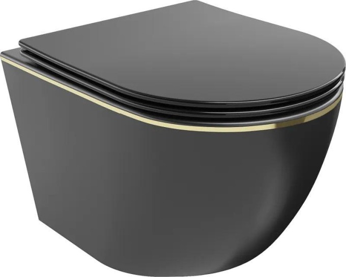 Mexen Lena WC mísa Rimless s pomalu padající deskou slim, duroplast, Matná černá/Zlatá geometrický vzor - 30224075