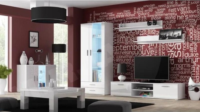 Obývací stěna Boho IX, Osvětlení: osvětlení LED - modré, Barva: bílá / bílá lesk