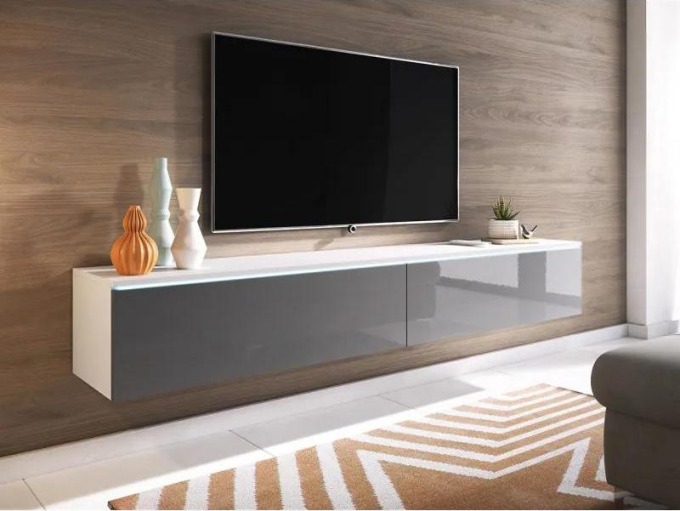 Bílý a šedý lesk TV stolek Dlone 180 s možností zavěšení nebo postavení, ideální pro velké televizory a uložení příslušenství