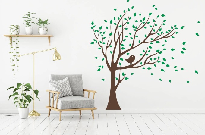 Lepy.cz Samolepka na zeď Strom s listy Kombinace barev: Nugátová + světle zelená, Velikost kmene (bez listů): 135x159cm