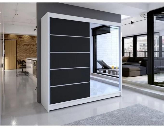 Šatní skříň Bar III, Barva: bílá + černá + zrcadlo, Osvětlení: osvětlení LED RGB - barevné