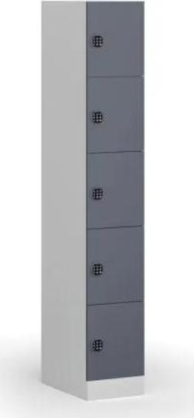 Šatní skříňka s úložnými boxy, 5 boxů, 1850 x 300 x 500 mm, kódový zámek, tmavě šedé dveře
