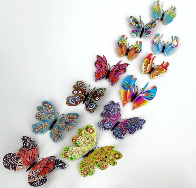 PIPPER | Samolepka na zeď "Realistické plastové 3D Motýli s dvojitými křídly - Barevné" 12ks 6-12 cm