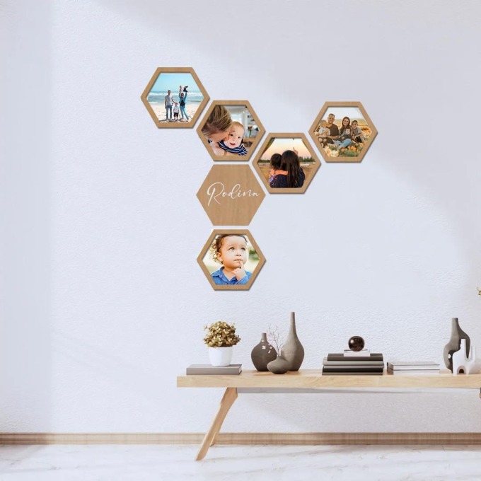 dřevo života Fotorámaček HEXAGON Barevný vzor: Buk, Velikost foto: 10x15, Text: Rodina