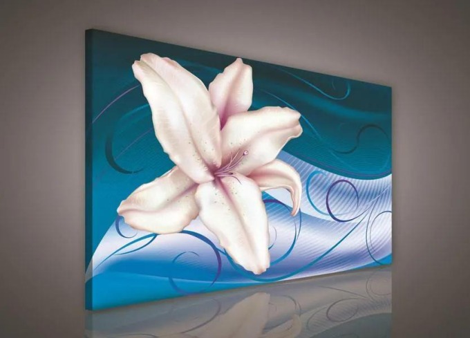 Obraz na plátně s liliovým motivem na modrém podkladu o rozměrech 100 x 75 cm