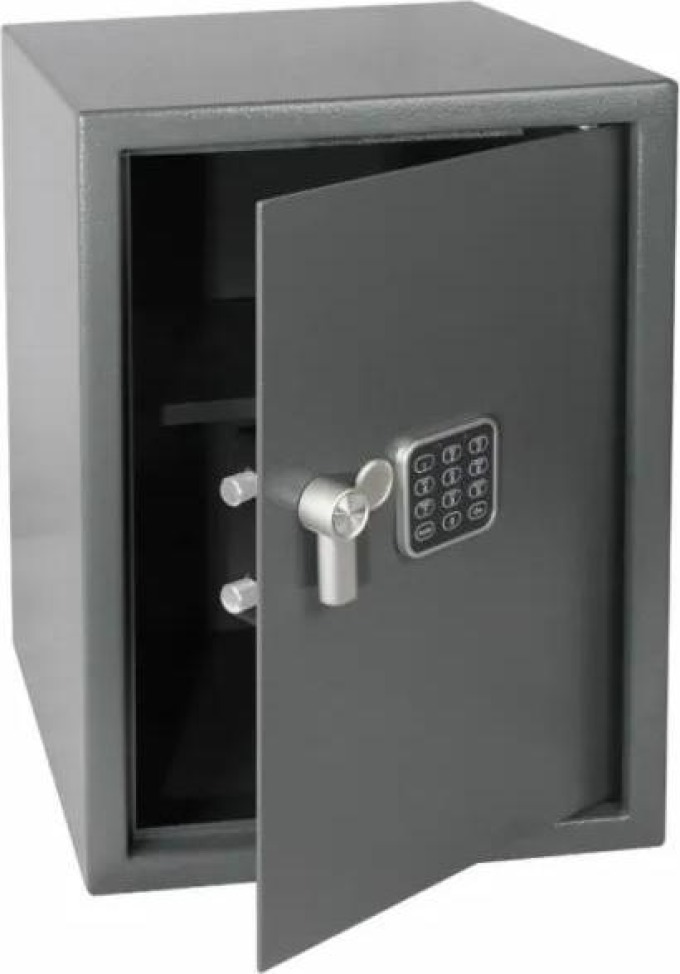 Ocelový sejf s elektronickým zámkem a dvěma klíči, barva šedá, rozměry vnitřní 346 x 496 x 270 mm, rozměry vnější 350 x 500 x 330 mm