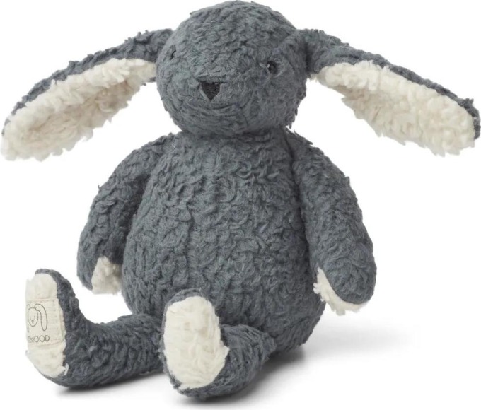 Plyšový králíček Riley ve tmavěmodré barvě vyrobený z 100% organické bavlny s výškou 15 cm a visačkou pro personalizaci