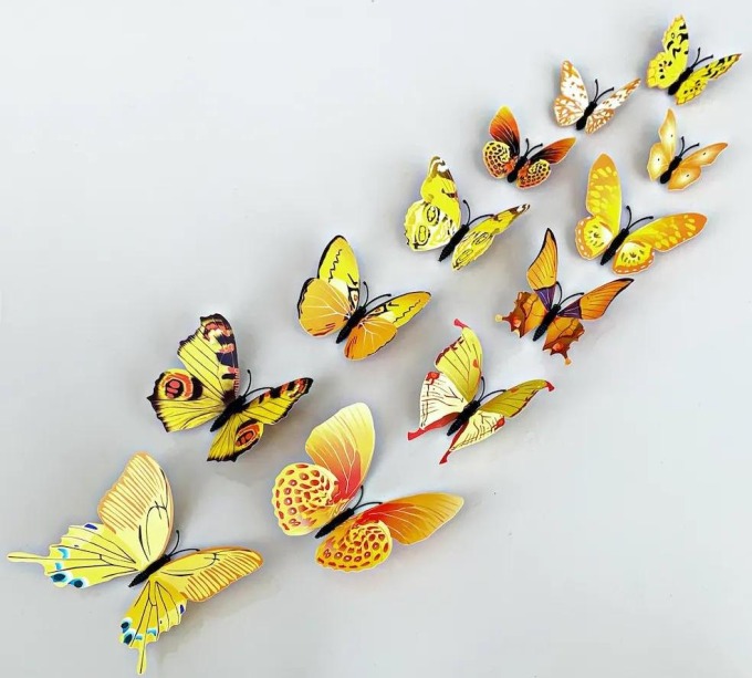 Samolepka na zeď "Realistické plastové 3D Motýli - Žluté" 12ks 5-12 cm