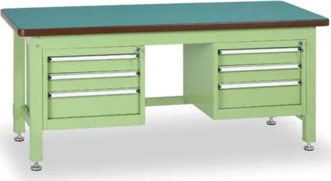 Dílenský stůl GL se 2 závěsnými boxy na nářadí, MDF + PVC deska, 6 zásuvek, 1800 x 750 x 800 mm