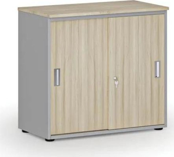 Kancelářská skříň se zasouvacími dveřmi PRIMO GRAY, 740 x 800 x 420 mm, šedá/dub přírodní