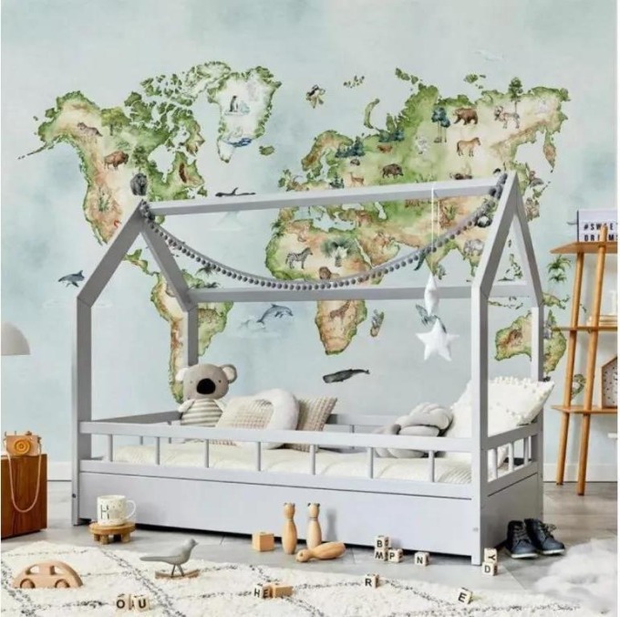 Tapeta do dětského pokoje Mapa světa se zvířátky Výška tapety: 300 cm