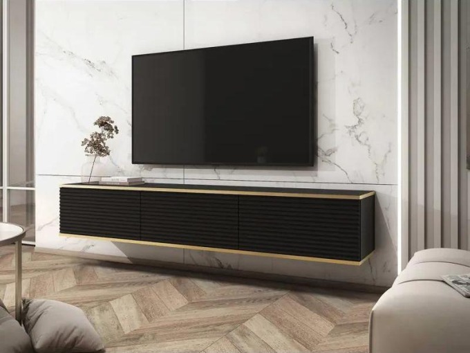 TV stolek Oanisew II v černé / černé + zlaté barvě s drážkovanými čely a moderním designem