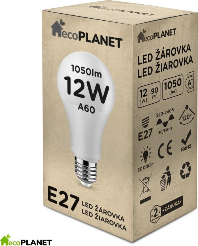 LED žárovka s teplou bílou barvou, 12W a světelným tokem 1050Lm, E27 závit, životnost 30 000h, úhel svitu 270°, rozměry 108mm x 60mm, není stmívatelná, certifikáty CE a RoHS, záruka 2 roky