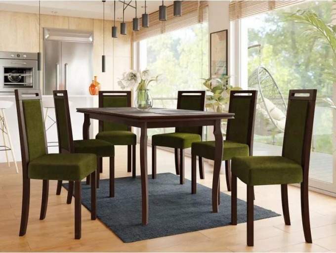 Rozkládací jídelní stůl se 6 židlemi AL21, Barva dřeva: ořech, Potah: Zetta 297