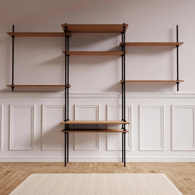 Kombinace stolního a nástěnného regálového systému DECO ze dřeva a kovu, ideální volba do kanceláře a domácnosti, rozměry 185x150x35/52,5 cm