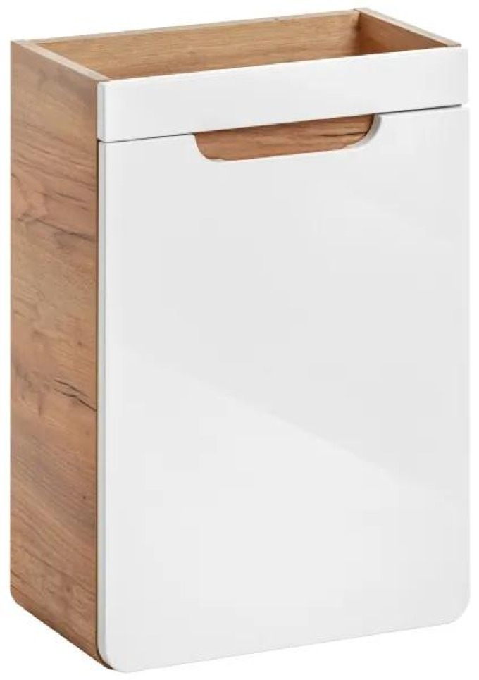 Závěsná skříňka pod umyvadlo s moderním designem, vyrobena z laminované dřevotřísky a dvířka s "soft close" systémem, v lesklé bílé barvě