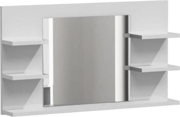 Zrcadlo s poličkami vyrobené z kvalitního lamina 16mm, bílá mat, vysoká odolnost proti poškrábání, snadná montáž na zeď, rozměry 80x50x12cm