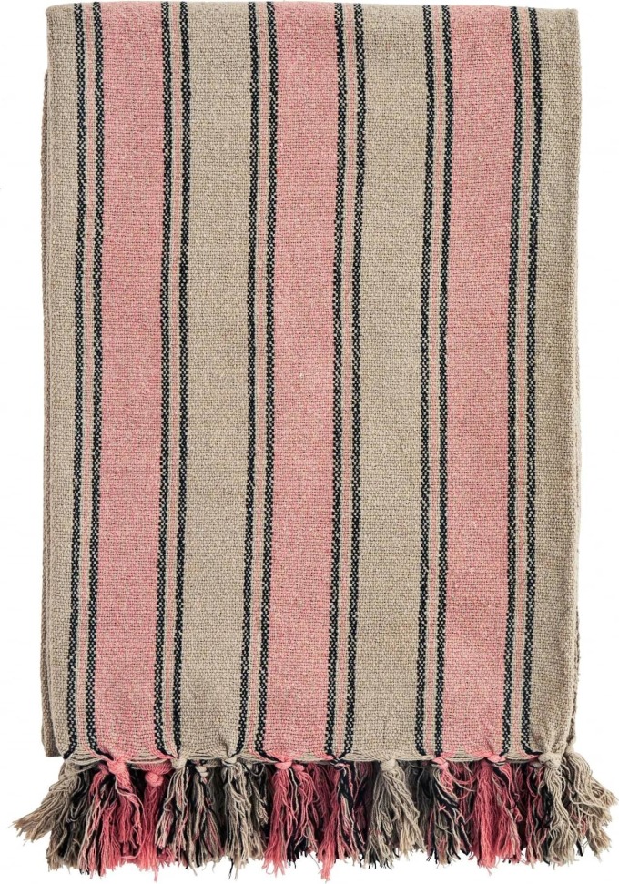 MADAM STOLTZ Přehoz z recyklované bavlny Stripe Fringes 125×175 cm, růžová barva, textil