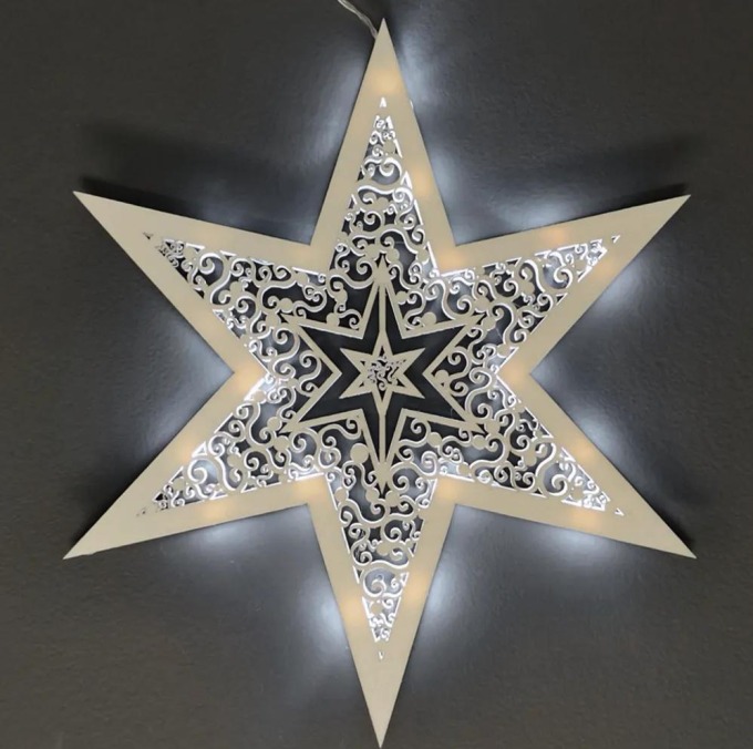 Dřevěná svítící dekorace hvězda s LED osvětlením, 35 cm - přírodní design s bateriovým podsvícením a dárkovou krabicí