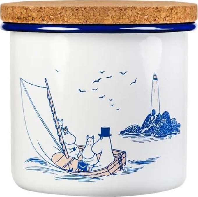 Dóza s víkem Moomins Sailors 1,3l, smalt-korek / bílo-modrá