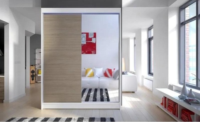 Šatní skříň Belgia I, Barva: bílá + sonoma + zrcadlo, Osvětlení: osvětlení LED RGB - barevné
