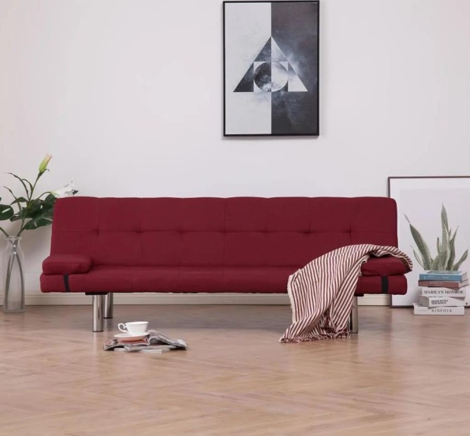 vidaXL 282191 Marketos Sofa Bed with Two Pillows Wine Red Polyester