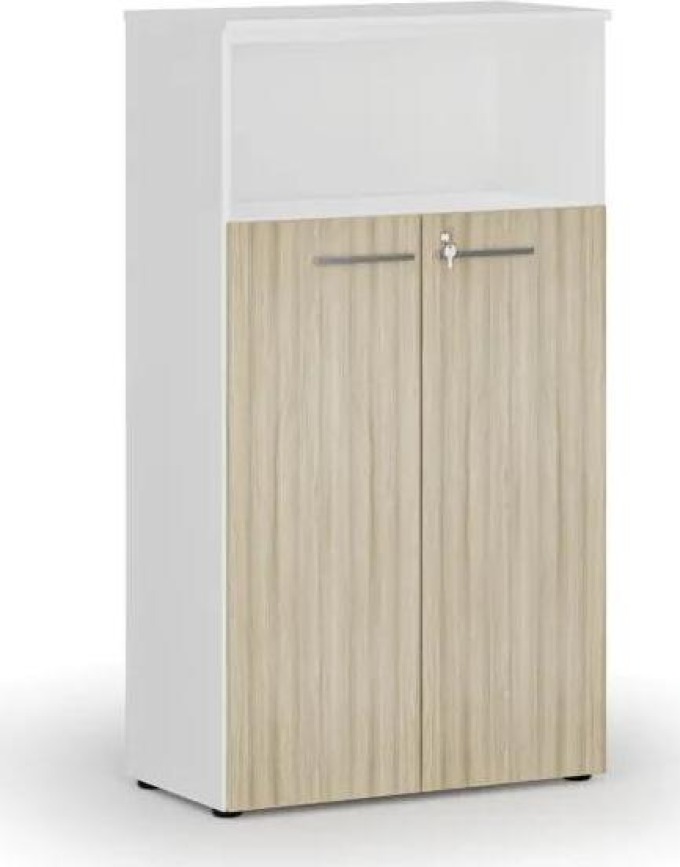Kombinovaná kancelářská skříň PRIMO WHITE, dveře na 3 patra, 1434 x 800 x 420 mm, bílá/dub přírodní