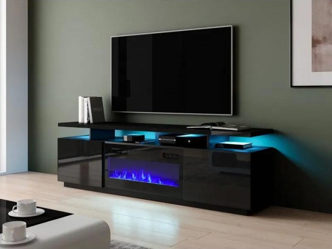 TV skříňka Aniceto s krbem, Osvětlení: osvětlení LED, Barva: černý / černý lesk