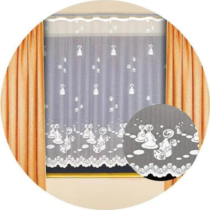 Jednoduchá a elegantní kusová záclona ANDROS s vzory kostek a figurek o rozměrech 250 cm x 200 cm