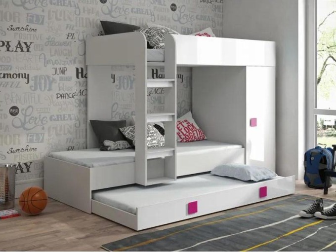 Patrová postel Tomson 2, Barva: Bílá + Bílý lesk + Ružová