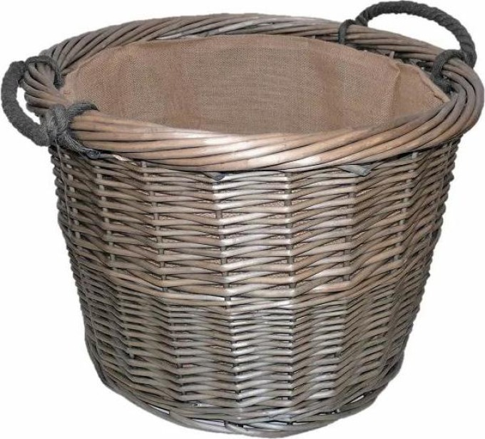 Košíkárna Koš na dřevo proutěný šedý s látkou 56 x 41 cm - Kulatý koš na dřevo z vrbového proutí, šedé barvy, s jutovým pošitím a dvěma silnými lanovými uchy