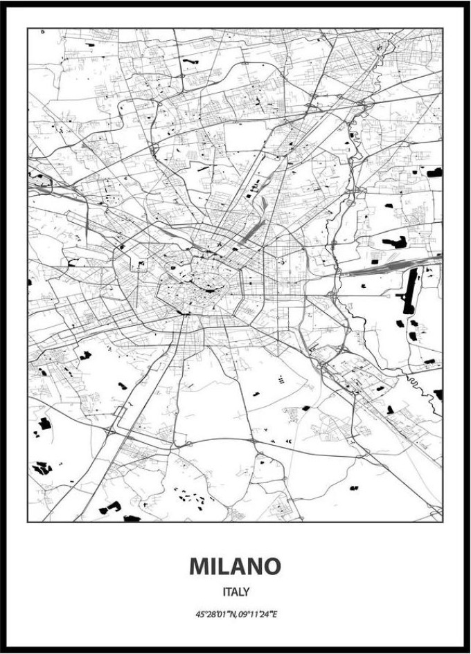 Plakát Mapa města (více variant měst) Rozměr plakátu: A4 (21 x 29,7 cm), Město: Milano