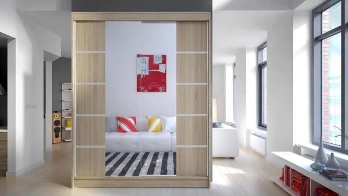 Posuvná skříň Belgia V, Barva: sonoma / zrcadlo, Osvětlení: osvětlení LED RGB - barevné